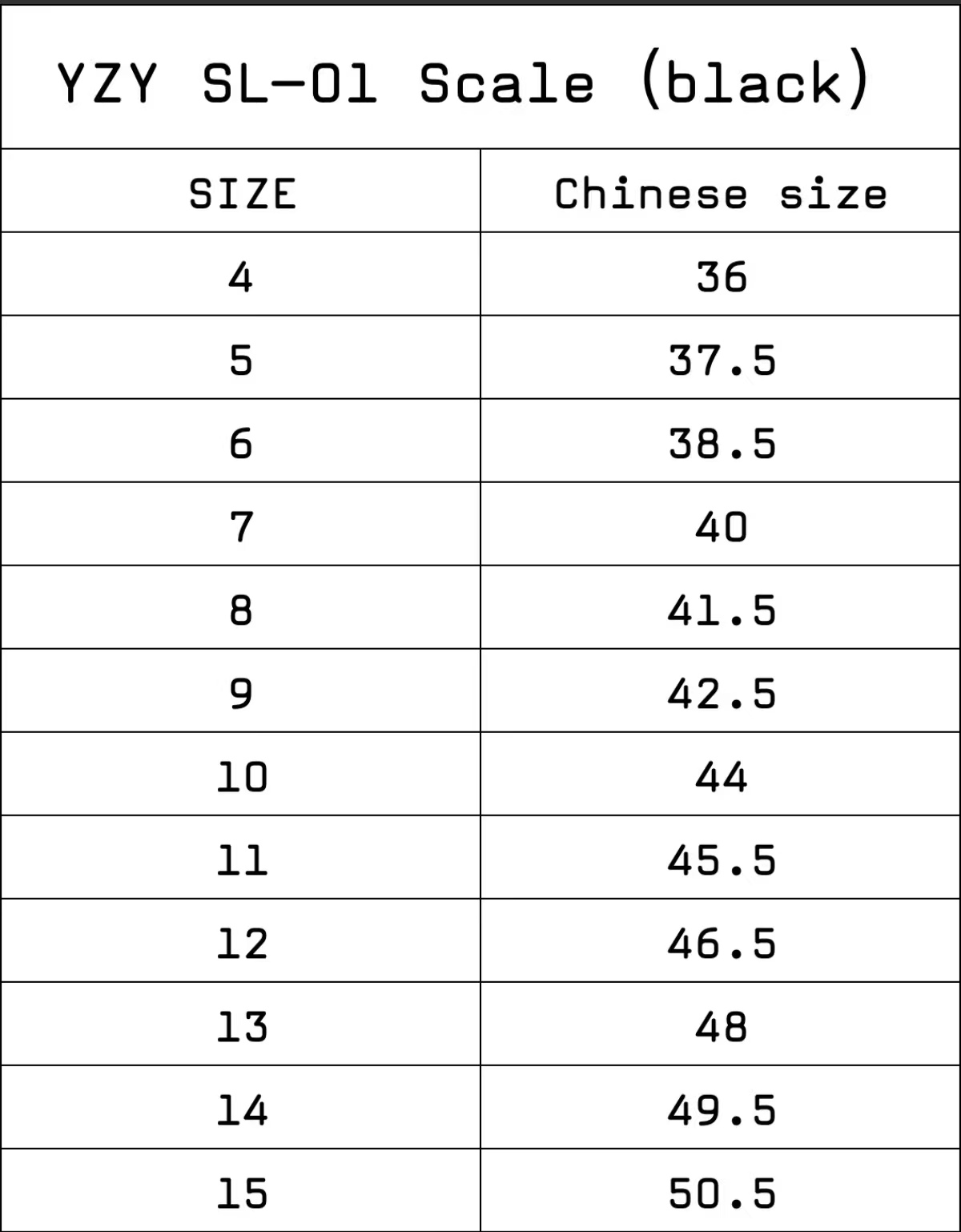SL-01 尺码对照表